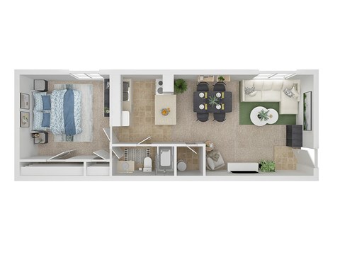 A top-down view of a small apartment with a kitchen, living room, and bathroom.